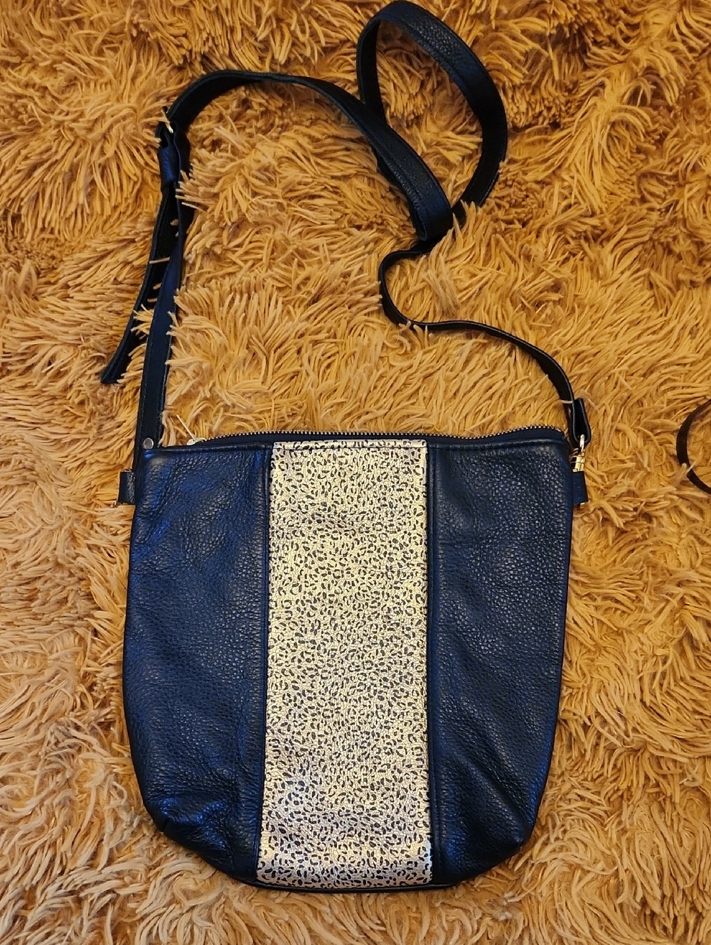 Black Crossbody Bag with Gold Center Panel